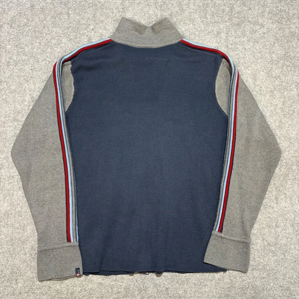 Quiksilver Quikjean Mens Large Full Zip Waffle Knit Sweater Navy Grey Striped